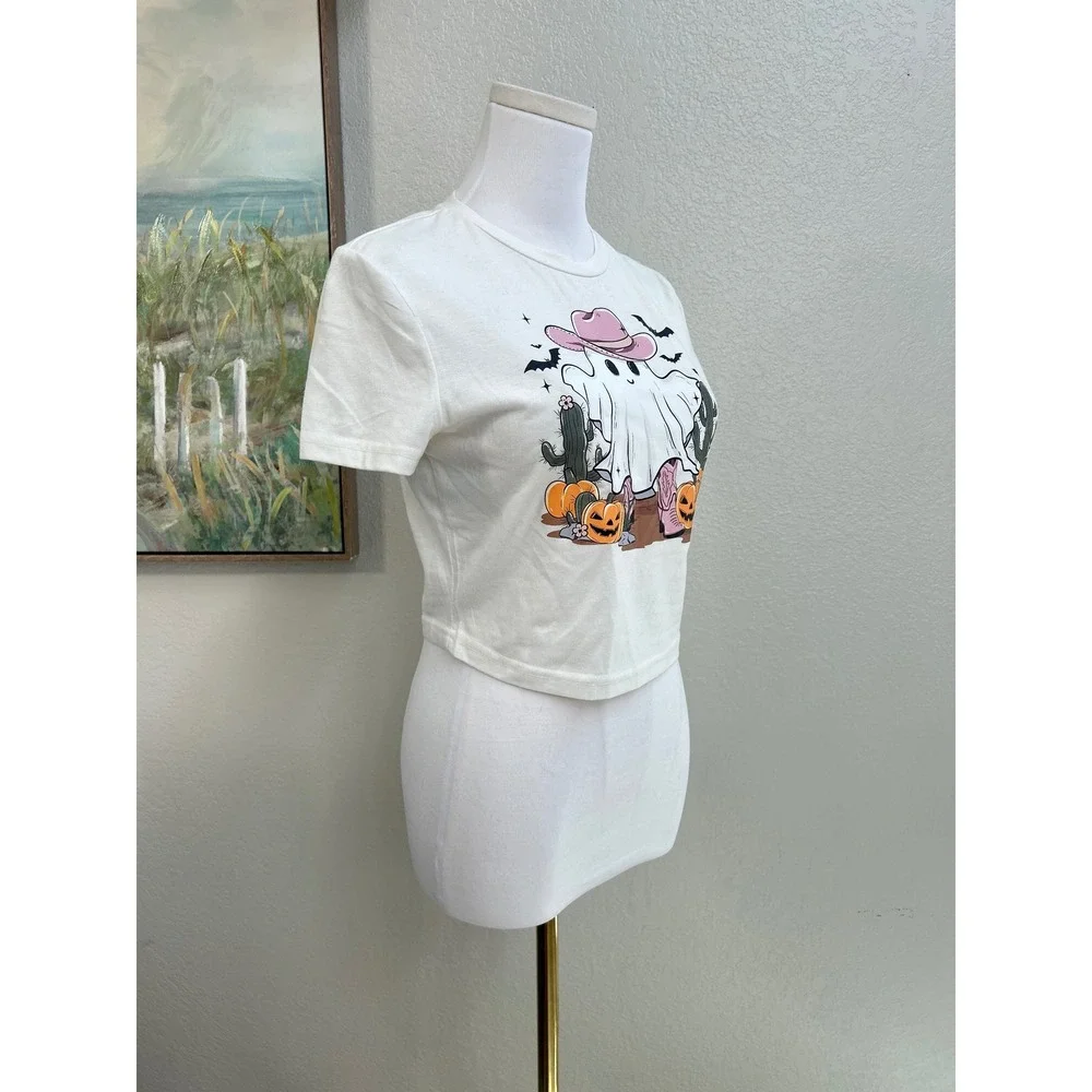 White Halloween Cowboy Ghost Crop Top Tee Pink Hat Boots Size M US‎ 6